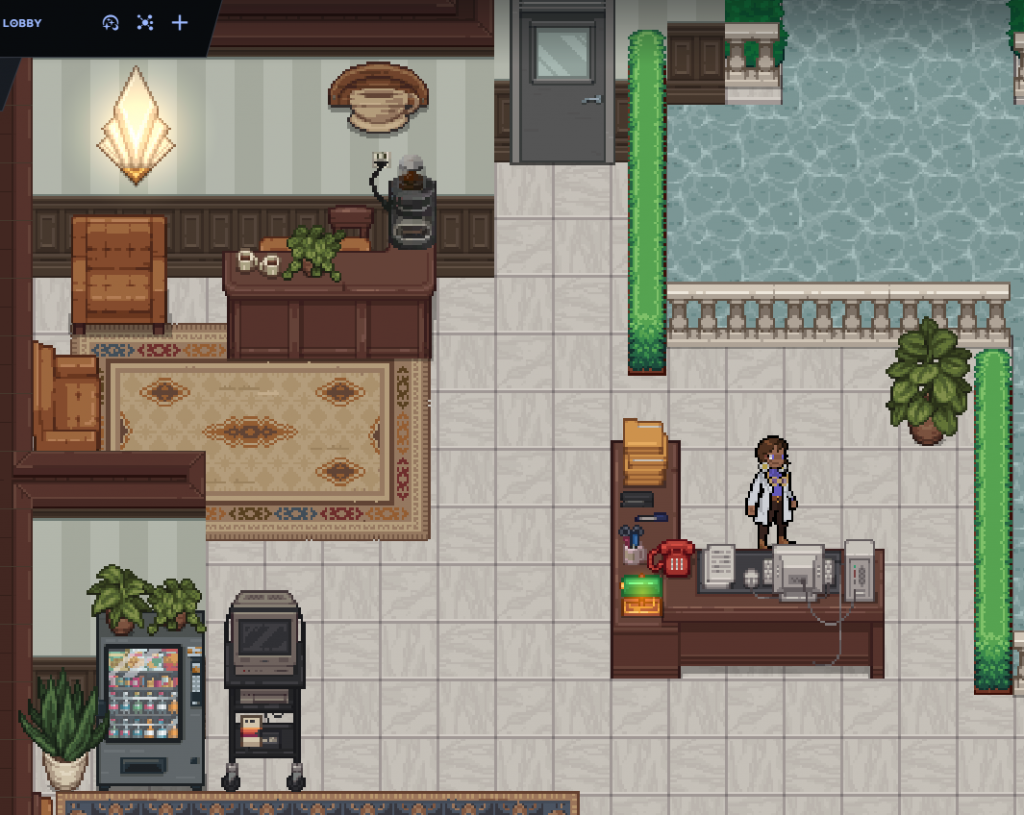 Pixel art of a lobby with a character at the reception desk.