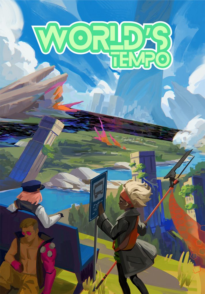 The cover for a book with the title World's Tempo. There is a fantastical landscape with three characters in the foreground.